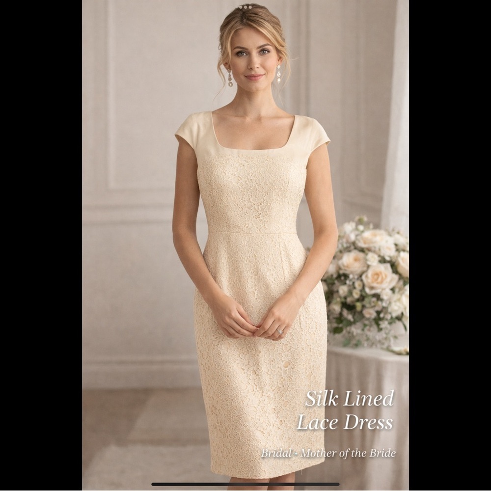 L.K. Bennett Ivory Lace Dress Silk Layer Timeless Elegant Sheath Occasion Sz 12
